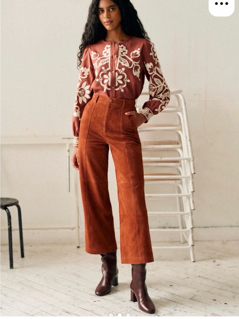 Sezane Rust Red Button-Front Blouse with Cream Embroidery